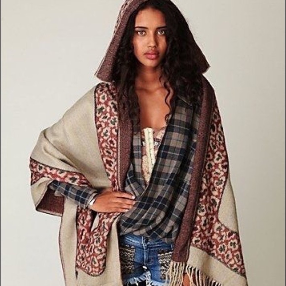 Free People Wester Hooded Poncho Scarf Fringe Wrap